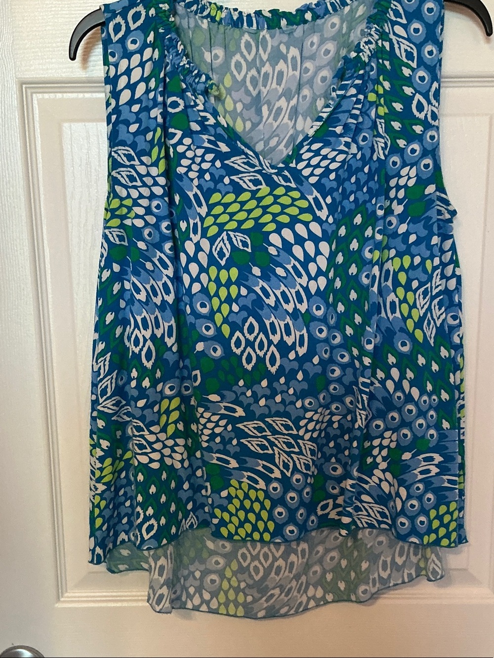 Blue & Green Printed Sleeveless V-Neck Top